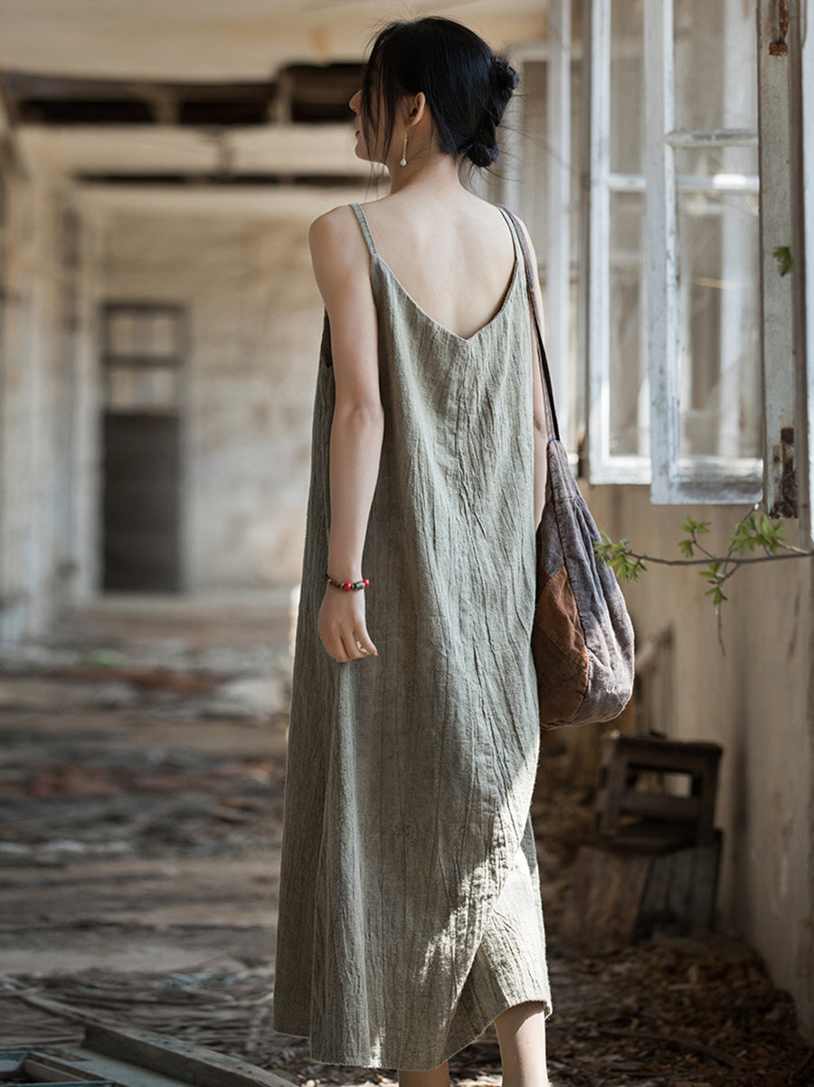 Women Summer Vintage Solid Loose Linen Cotton Vest Dress CC007