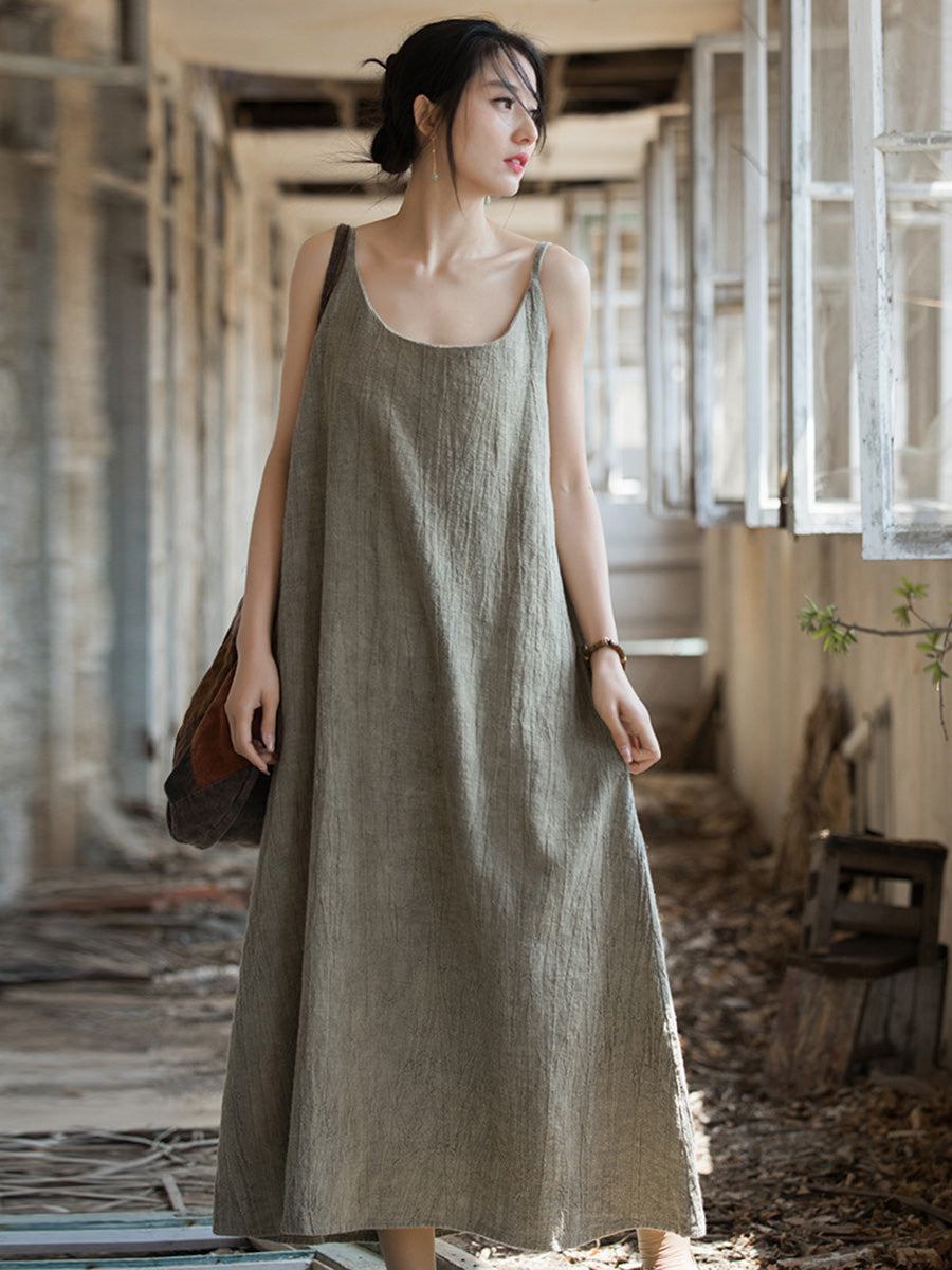 Women Summer Vintage Solid Loose Linen Cotton Vest Dress CC007