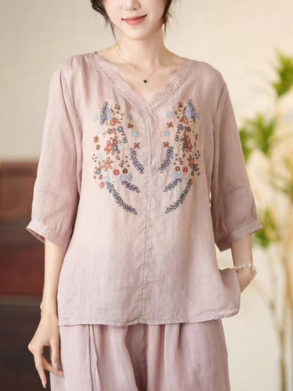 Chemise d'été en ramie à col en V et broderie florale artistique pour femmes CC009