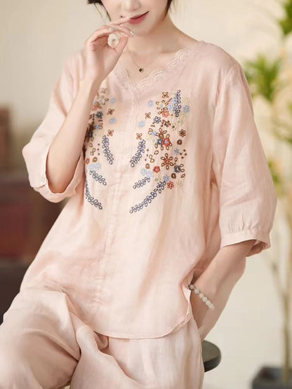 Chemise d'été en ramie à col en V et broderie florale artistique pour femmes CC009