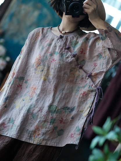 Chemise d'été en lin à bretelles et fleurs vintage pour femmes CC013