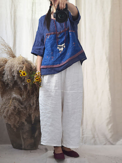 Chemise d'été en ramie à col rond et épissure de fleurs ethniques pour femmes CC016