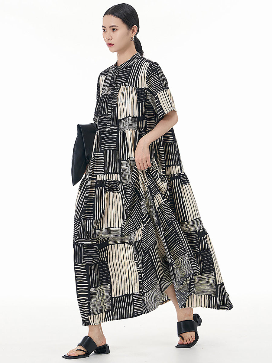 Women Summer Artsy O-Neck Stripe Loose Tiered Dress CC020