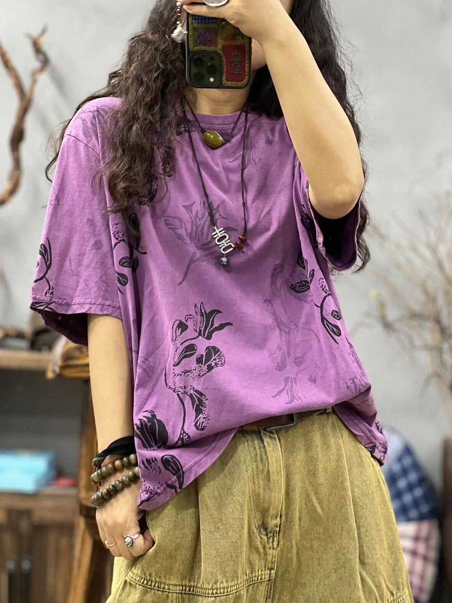 Women Summer Casual Flower O-Neck Loose Shirt CC027