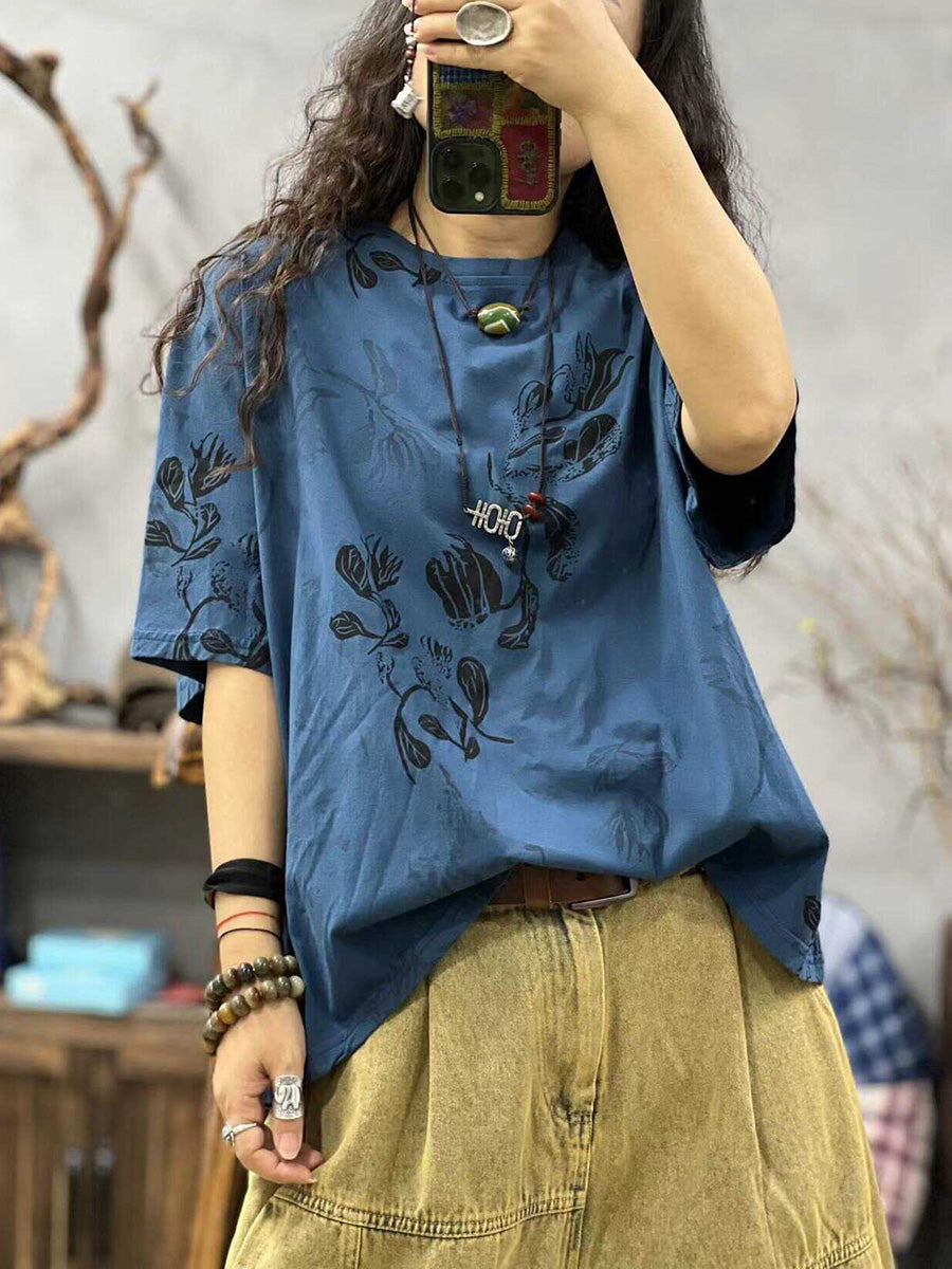 Women Summer Casual Flower O-Neck Loose Shirt CC027