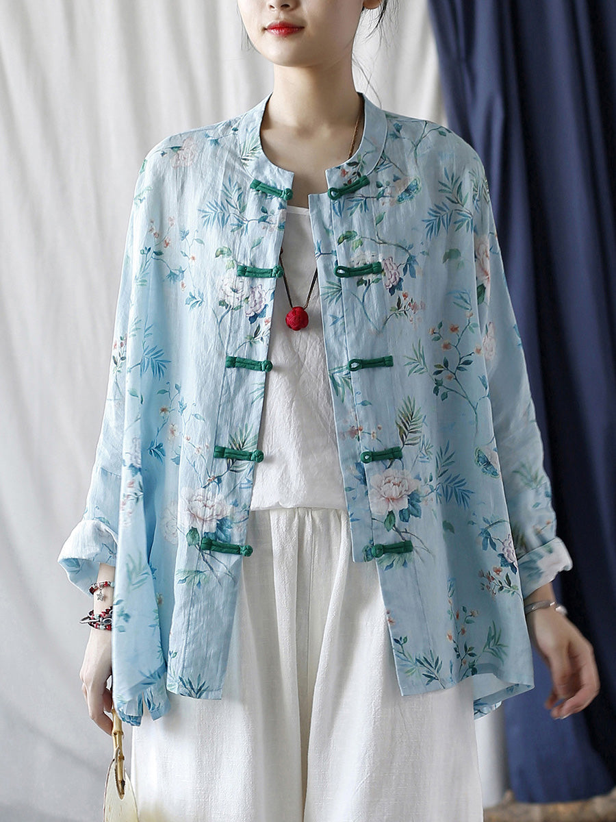 Women Summer Vintage Floral Button-up Ramie Shirt CX006