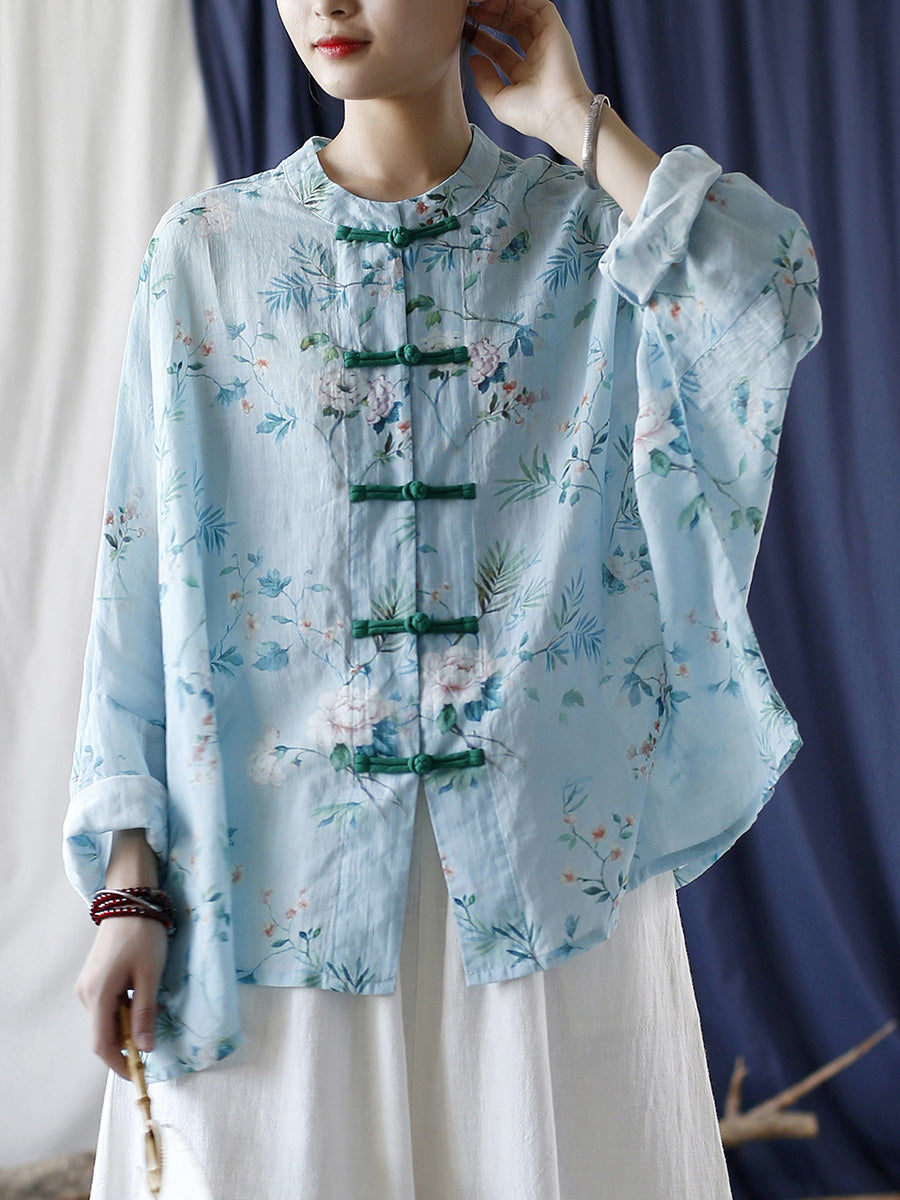 Women Summer Vintage Floral Button-up Ramie Shirt CX006