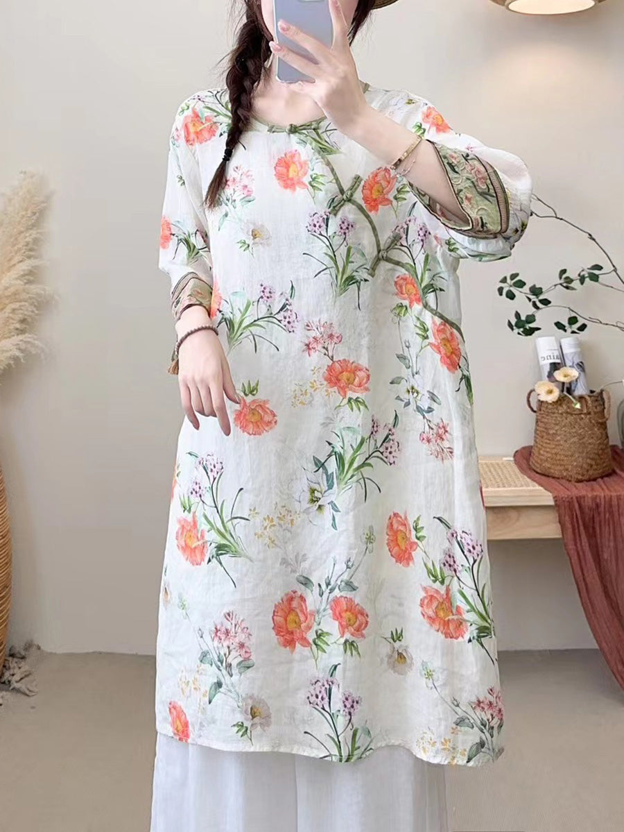 Women Summer Ethnic Flower Buckle O-Neck Ramie Dress CX023