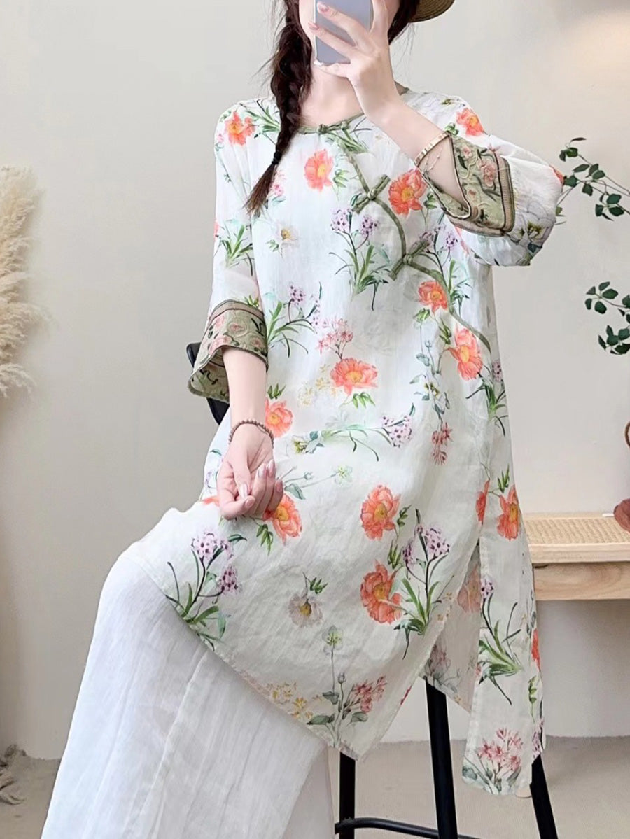 Women Summer Ethnic Flower Buckle O-Neck Ramie Dress CX023