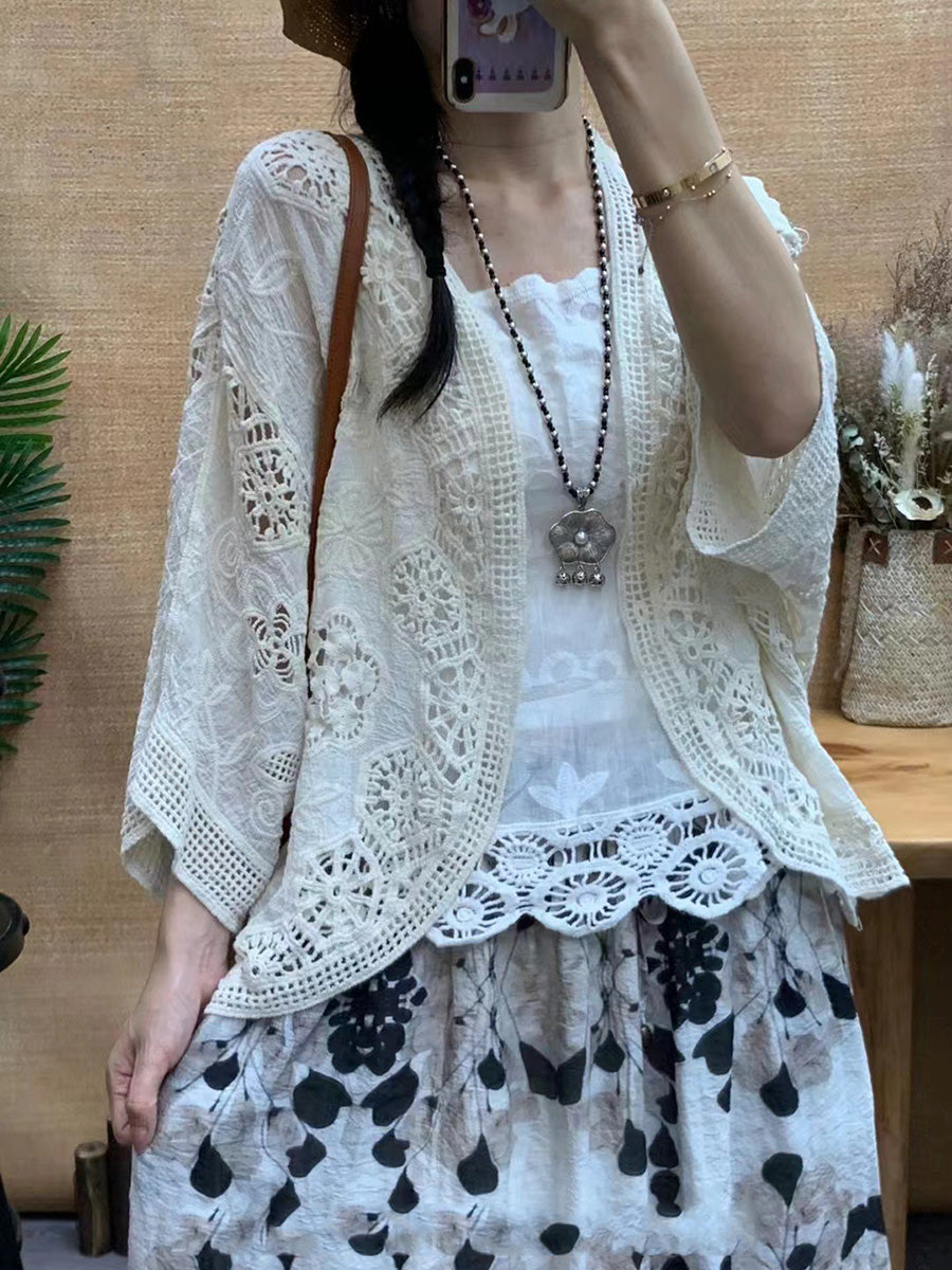 Women Summer Artsy Solid Flower Embroidery Cotton Shirt Coat CX027