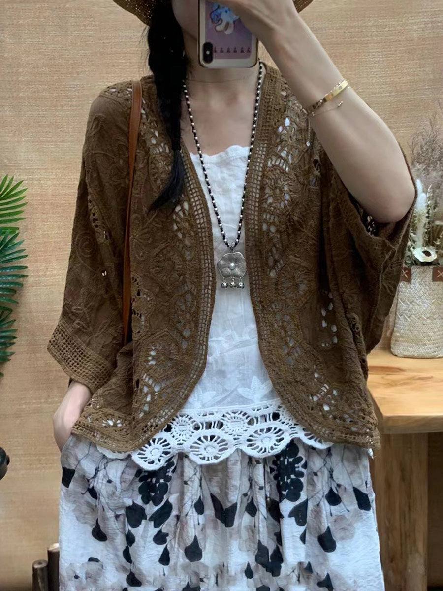 Women Summer Artsy Solid Flower Embroidery Cotton Shirt Coat CX027