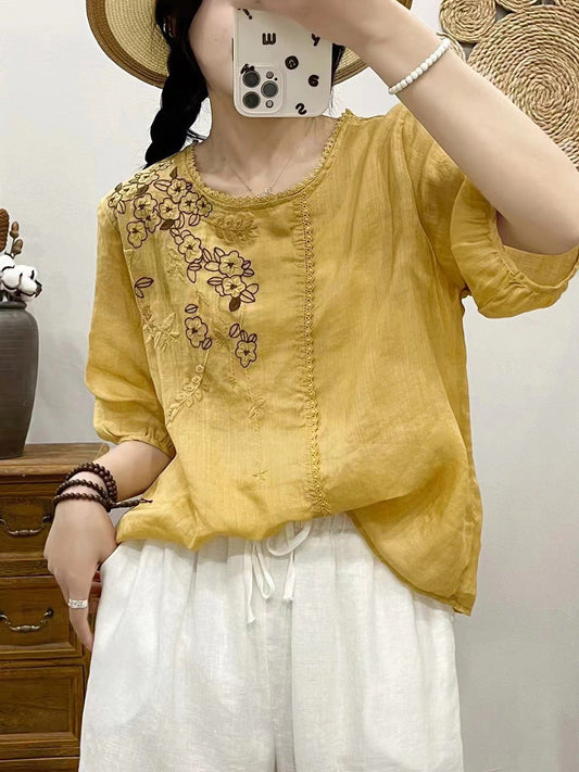 Women Summer Artsy Flower Embroidery Ramie Pullover Shirt CX028