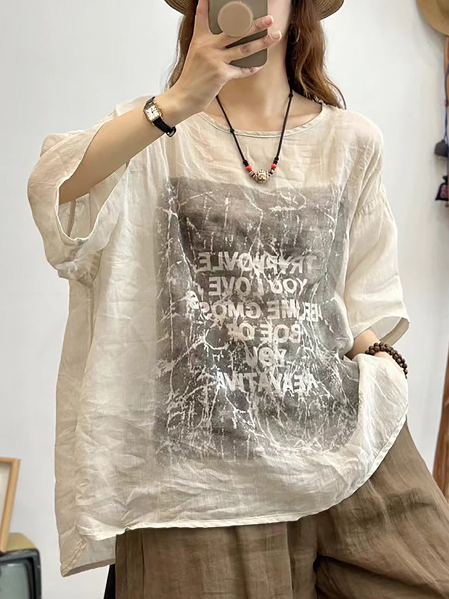 Women Summer Casual Letter Print O-Neck Linen Shirt CX034