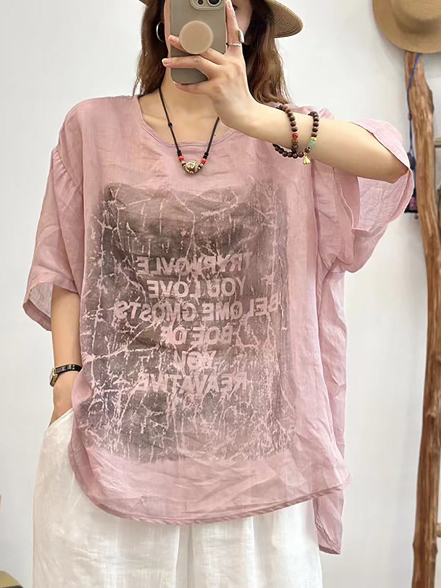 Women Summer Casual Letter Print O-Neck Linen Shirt CX034