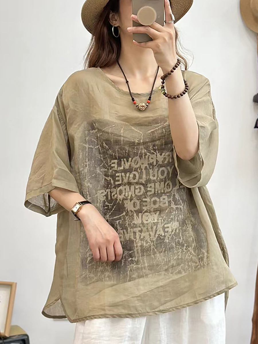 Women Summer Casual Letter Print O-Neck Linen Shirt CX034