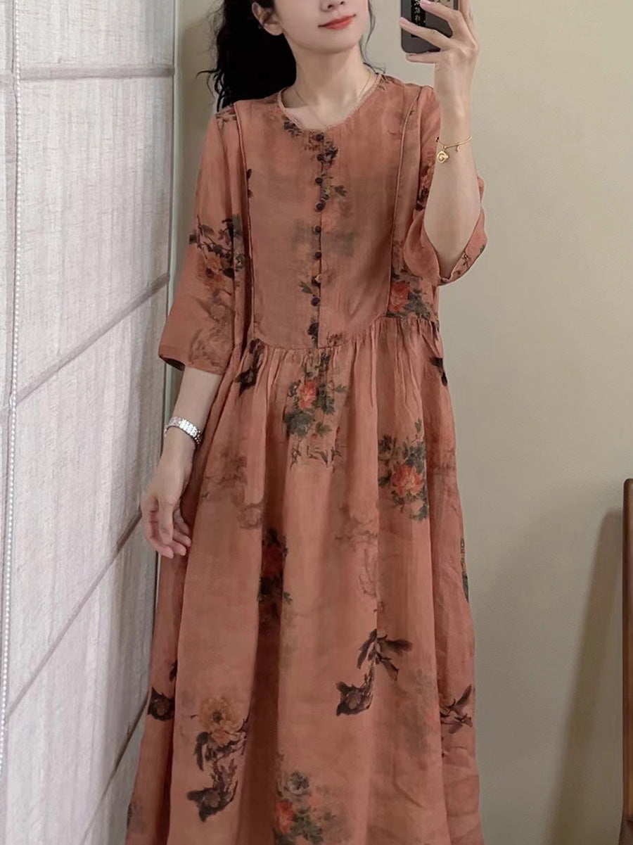 Women Summer Vintage Floral Button Ramie Dress CX061