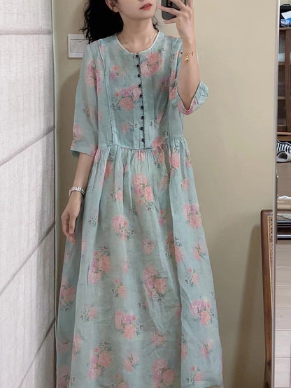 Robe d'été vintage à boutons floraux en ramie pour femmes CX061