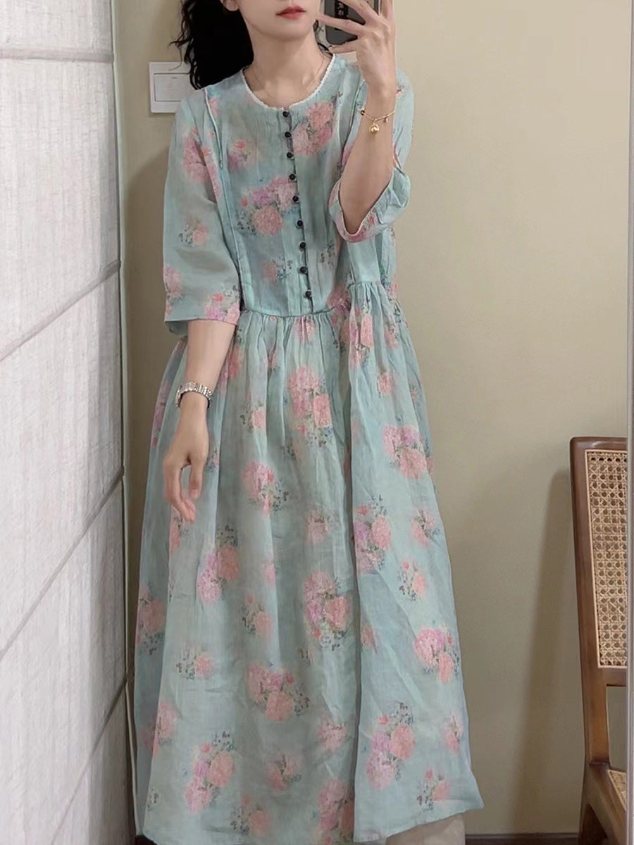 Women Summer Vintage Floral Button Ramie Dress CX061