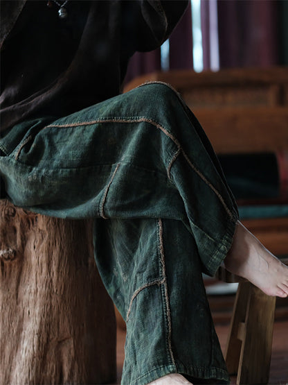 Pantalon d'été en coton à jambes larges et épissées rétro pour femmes FD013