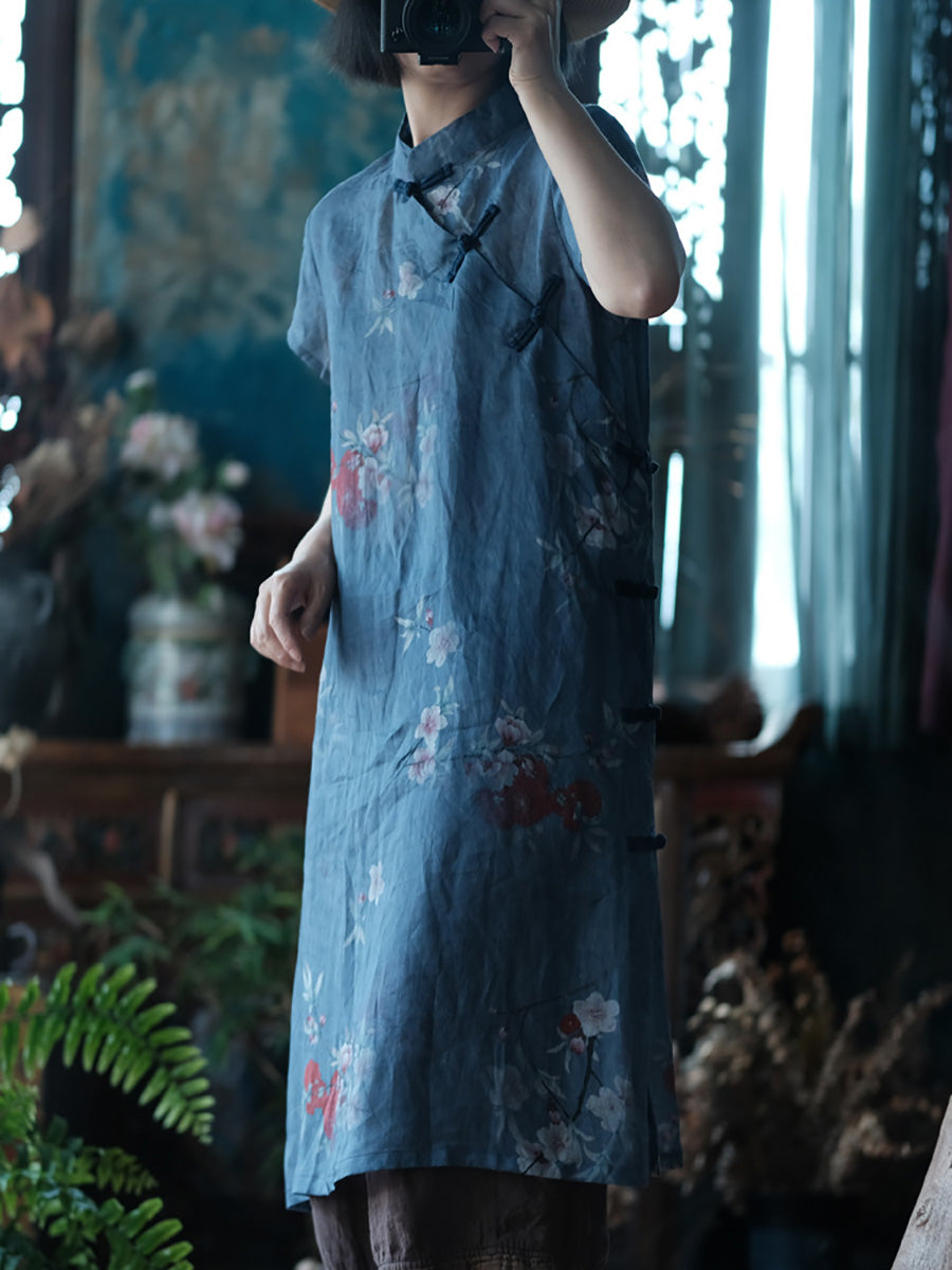 Women Summer Vintage Flower Robe Ramie Dress FD027