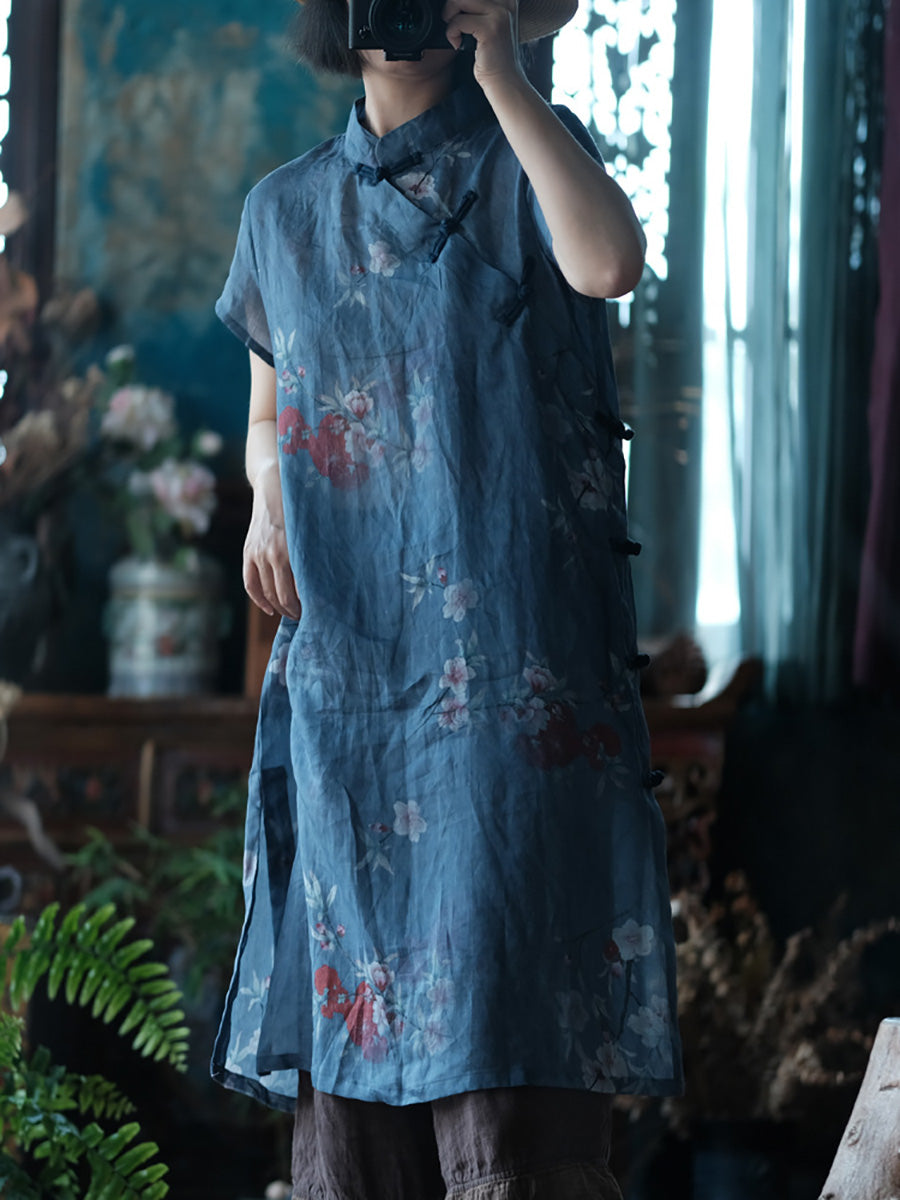 Women Summer Vintage Flower Robe Ramie Dress FD027