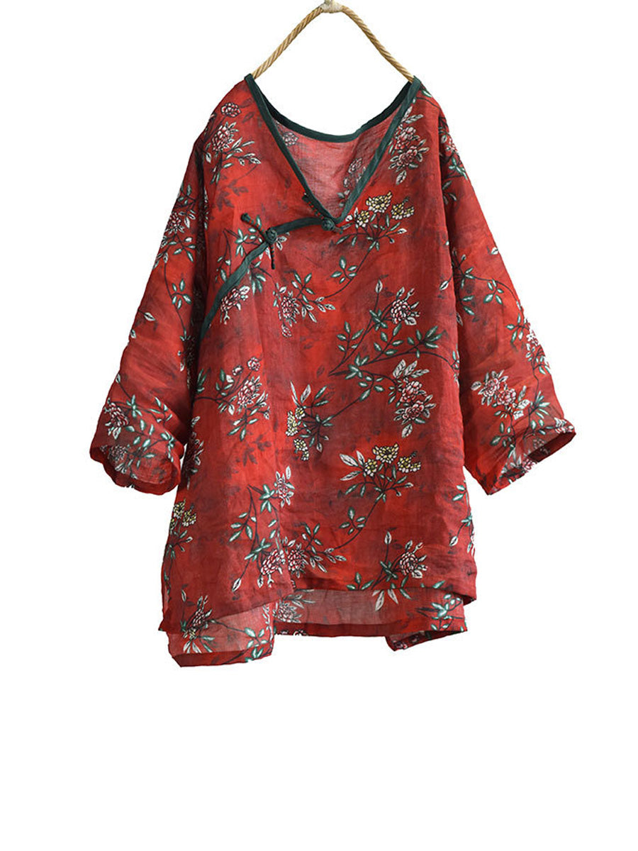 Women Summer Vintage Flower V-Neck Ramie Shirt FD041