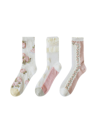 Lot de 3 paires de chaussettes fines en dentelle florale pour femmes FD034