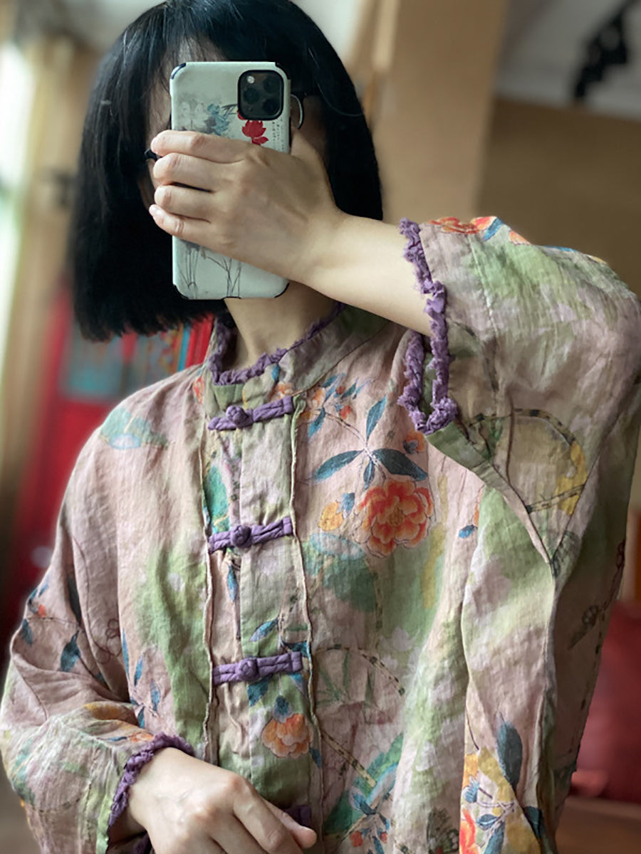 Women Summer Ethnic Flower Button Linen Shirt RR022