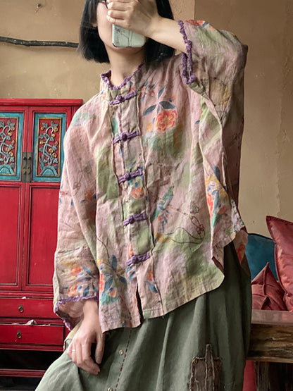 Chemise d'été en lin à boutons et fleurs ethniques pour femmes RR022 