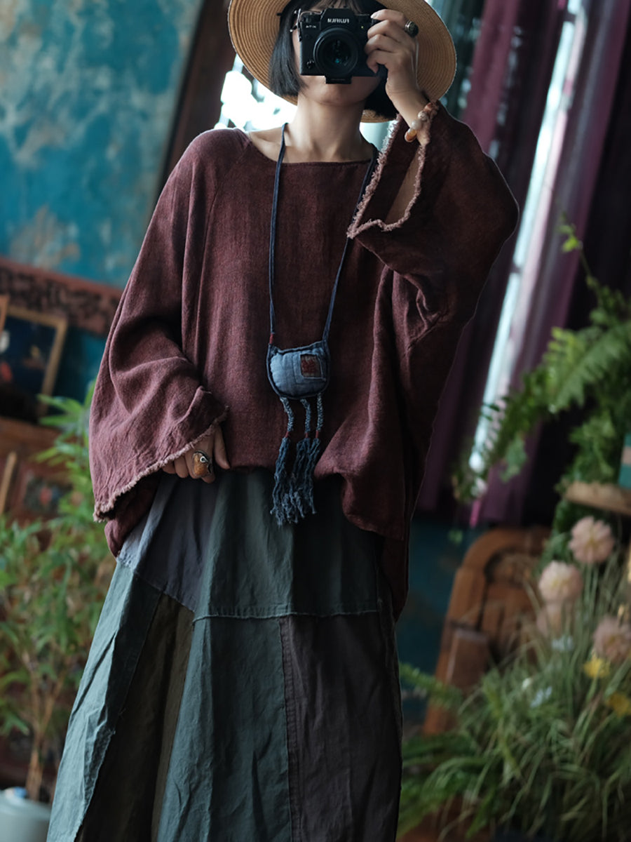 Women Vintage Raw-edge Solid Loose Cotton Blouse AS1045