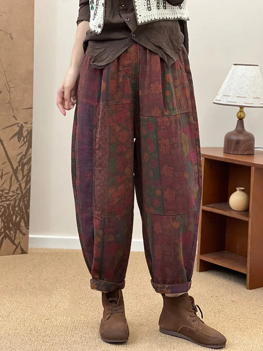 Women Autumn Retro Flower Spliced Cotton Harem Pants AS1033