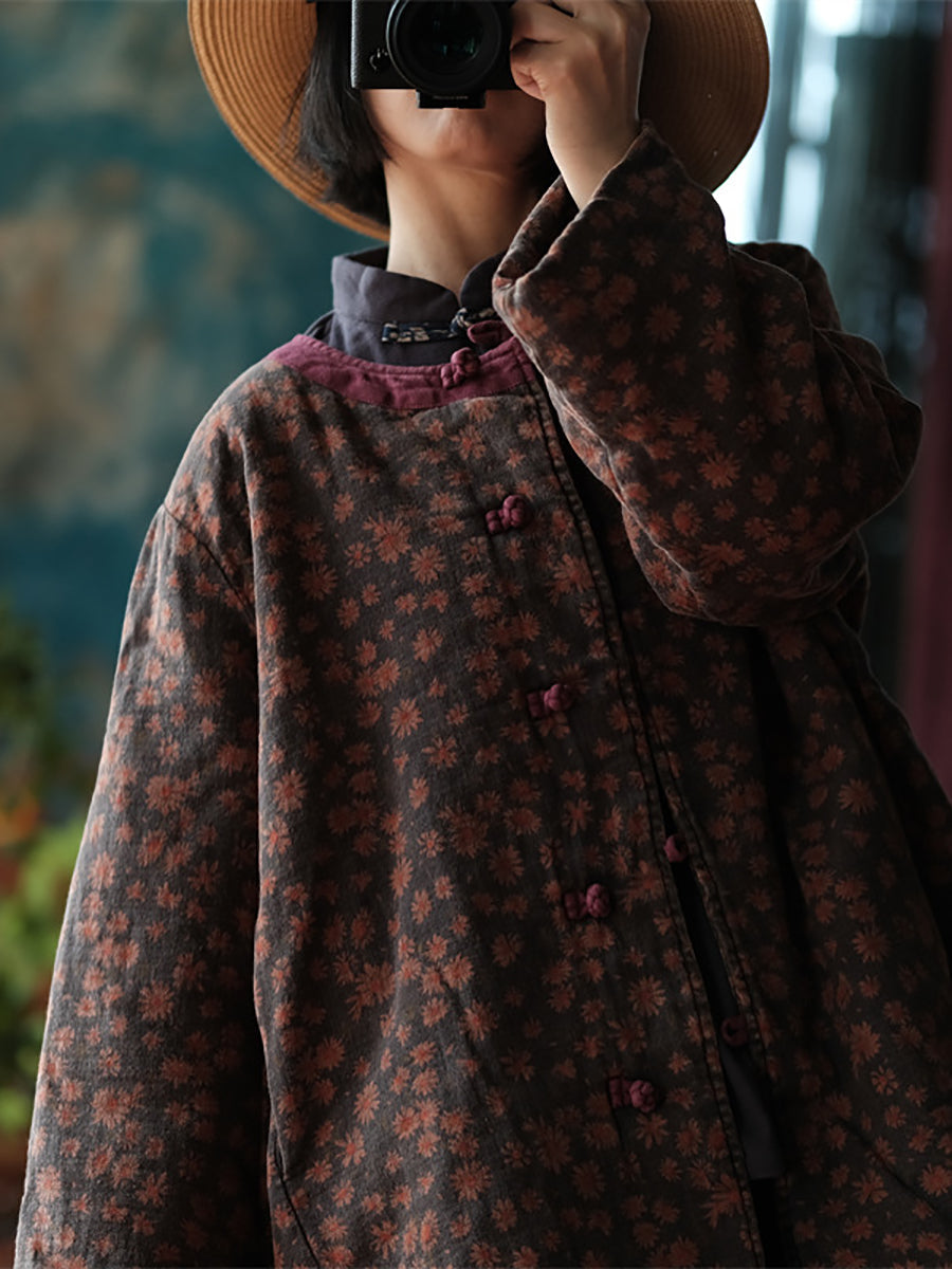 Women Autumn Floral Button O-Neck Cotton Jacket  AS1023