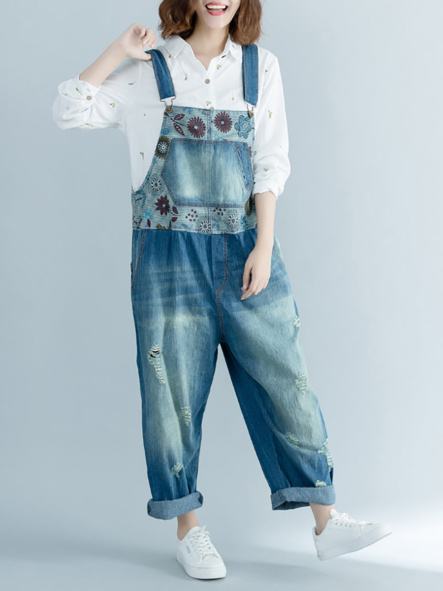 Damen Artsy Flower Gespleißter Denim-Jumpsuit mit Fransen AT1048