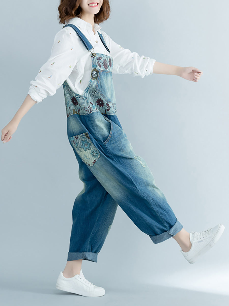 Damen Artsy Flower Gespleißter Denim-Jumpsuit mit Fransen AT1048