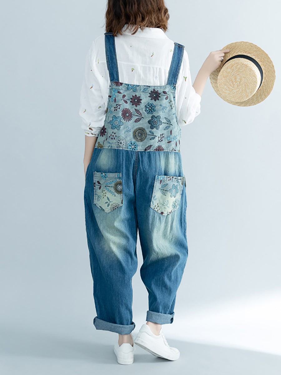 Damen Artsy Flower Gespleißter Denim-Jumpsuit mit Fransen AT1048