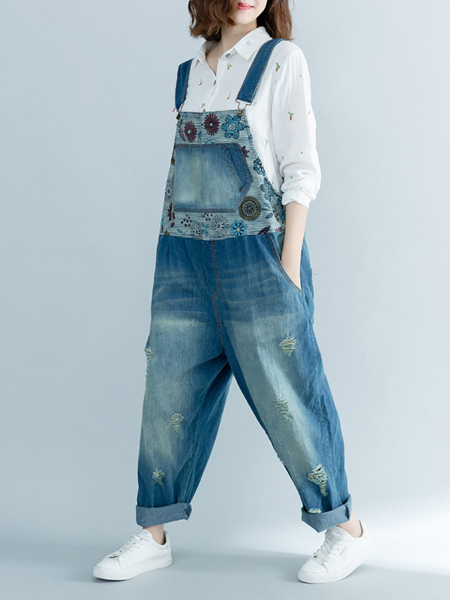 Damen Artsy Flower Gespleißter Denim-Jumpsuit mit Fransen AT1048