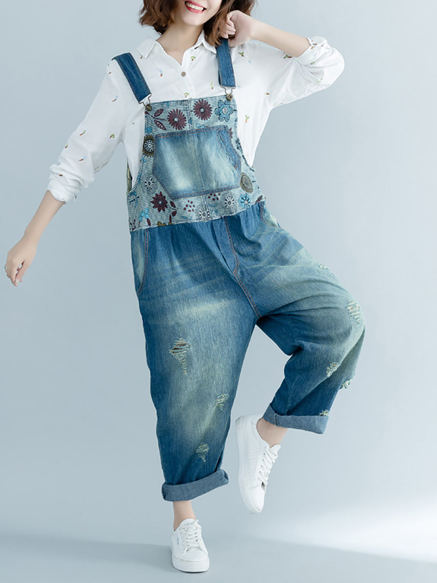 Damen Artsy Flower Gespleißter Denim-Jumpsuit mit Fransen AT1048