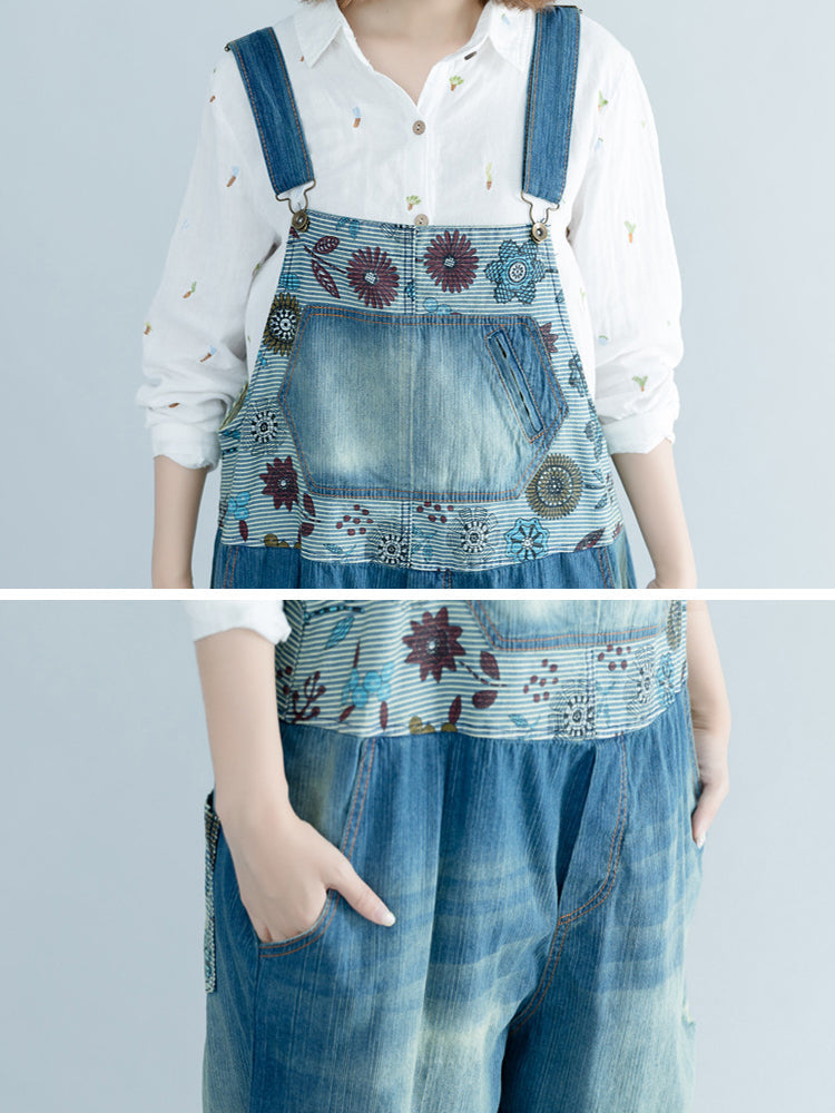 Damen Artsy Flower Gespleißter Denim-Jumpsuit mit Fransen AT1048