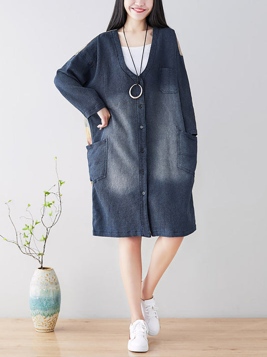 Women Spring Casual Back Spliced Pokcet Loose Coat AT1042