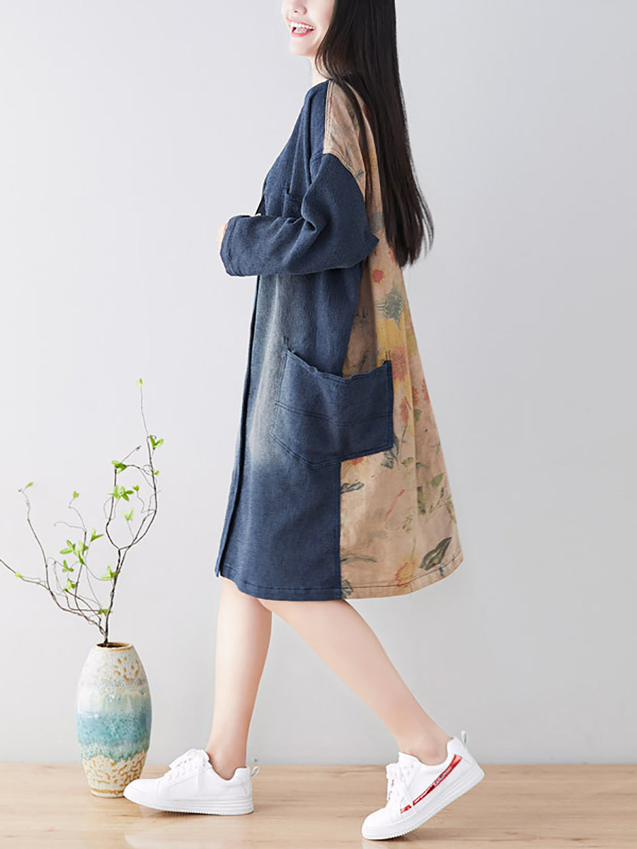 Women Spring Casual Back Spliced Pokcet Loose Coat AT1042