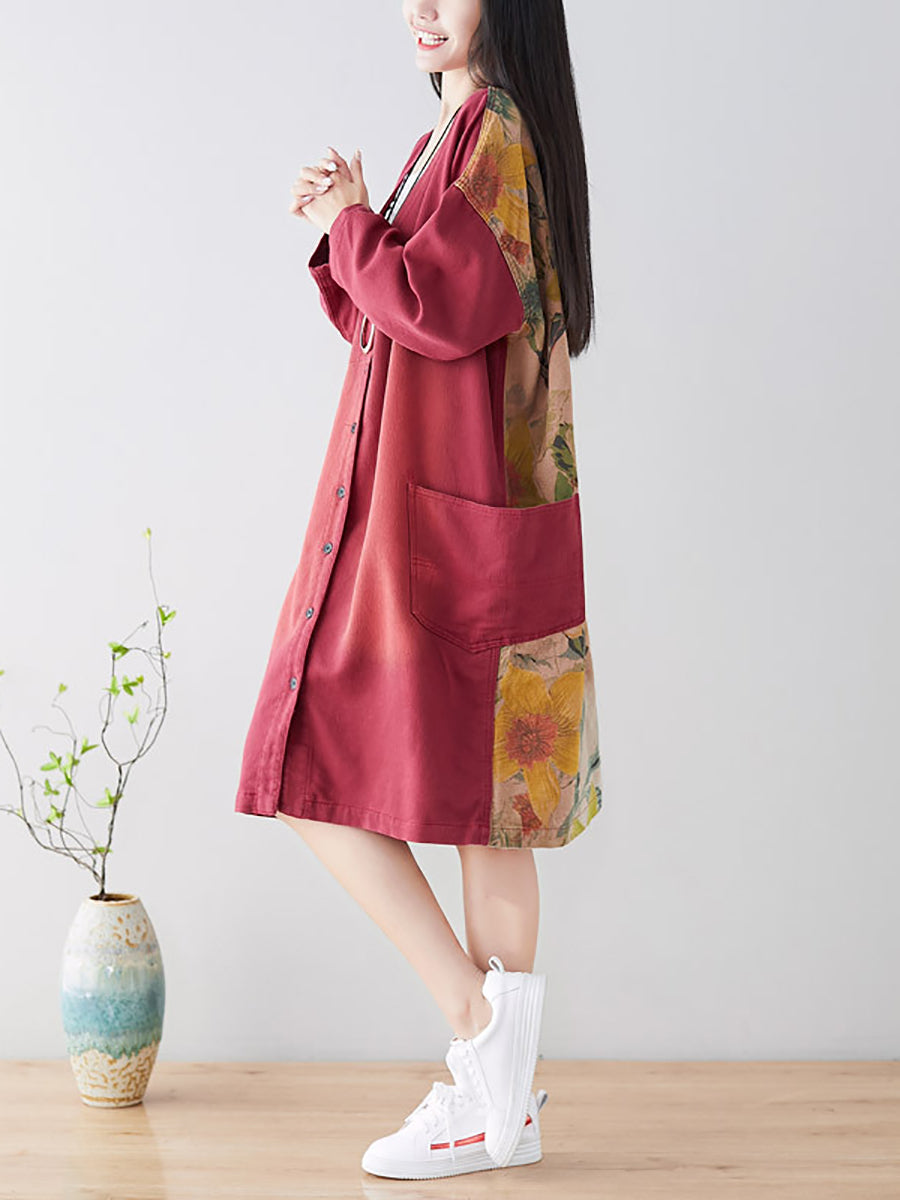 Women Spring Casual Back Spliced Pokcet Loose Coat AT1042