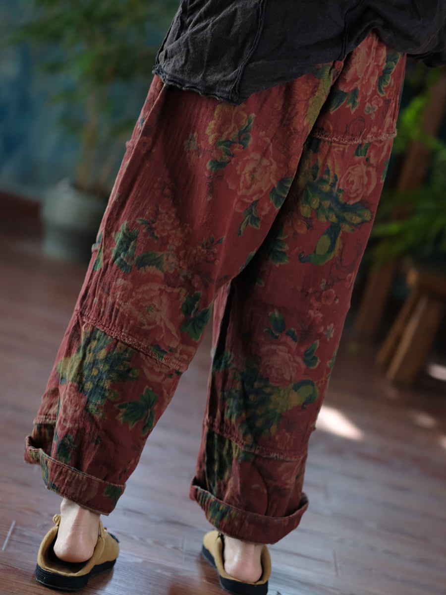 Women Autumn Retro Flower Spliced Cotton Wide-leg Pants AT1024