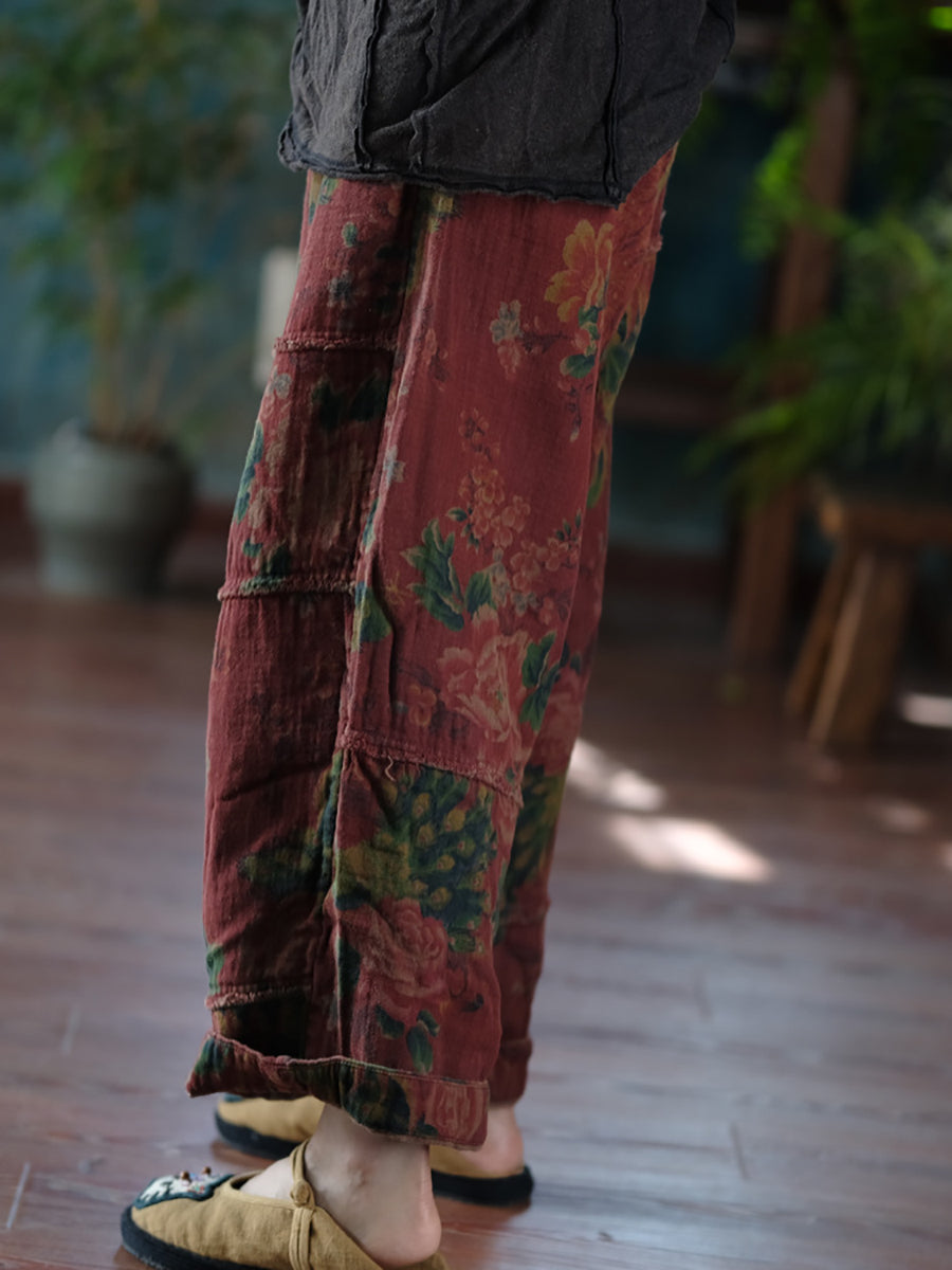 Women Autumn Retro Flower Spliced Cotton Wide-leg Pants AT1024