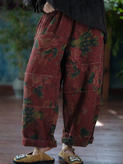 Pantalon large en coton épissé à fleurs rétro pour femme, automne AT1024