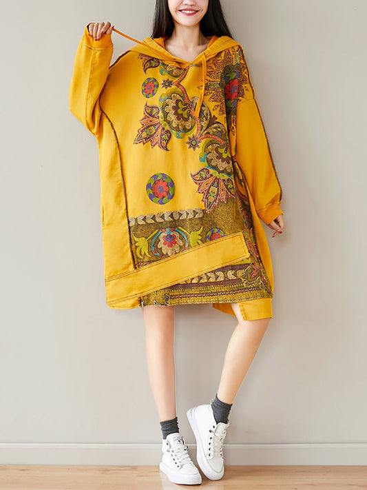 Women Autumn Casual Flower Spliced Hem Hooded Dress AT1021