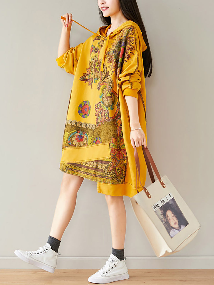 Women Autumn Casual Flower Spliced Hem Hooded Dress AT1021