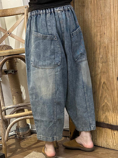 Pantalon sarouel en denim délavé épissé à poches décontractées pour femmes AI1024 