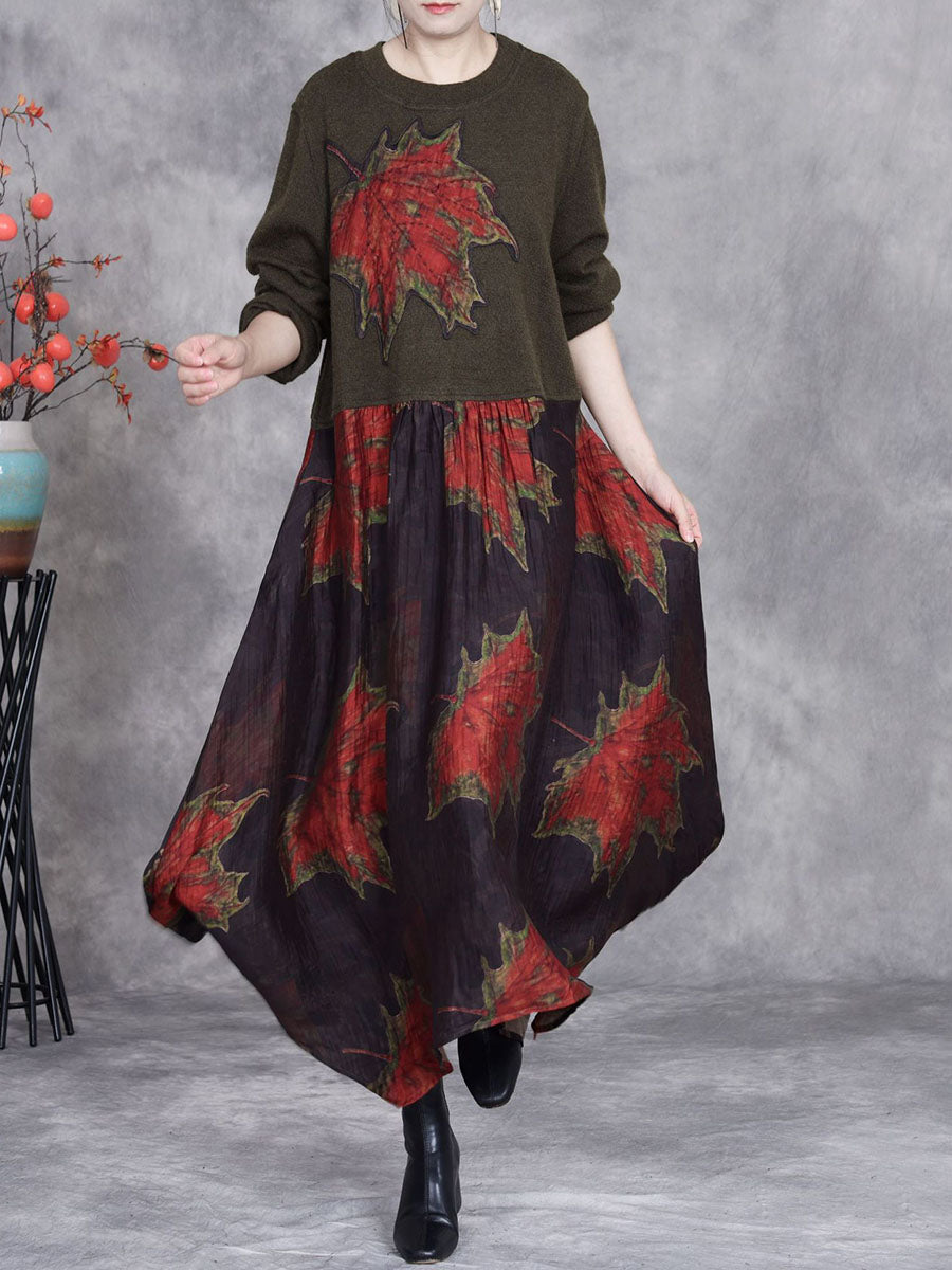 Women Autumn Maple Leaf Irregular Hem O-Neck Loose Dress AI1054