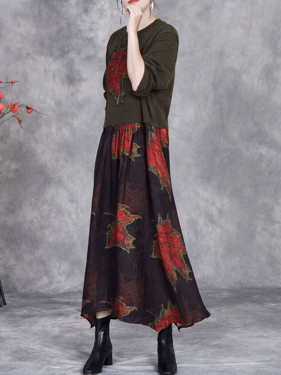 Women Autumn Maple Leaf Irregular Hem O-Neck Loose Dress AI1054