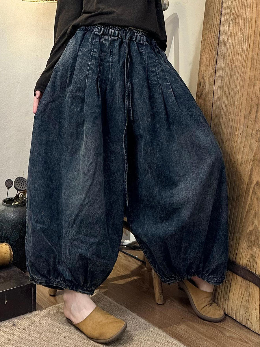 Women Autumn Vintage Solid Strap Loose Denim Bloomers AI1029